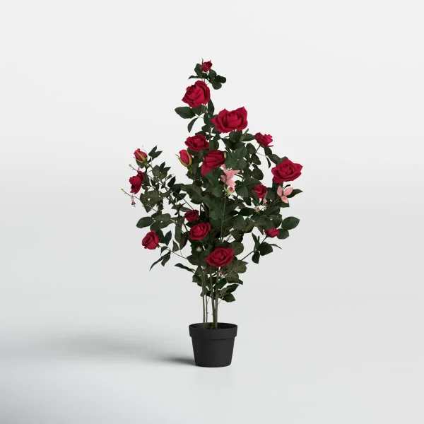 45" Artificial Red Rose Plant in Pot - Image 4