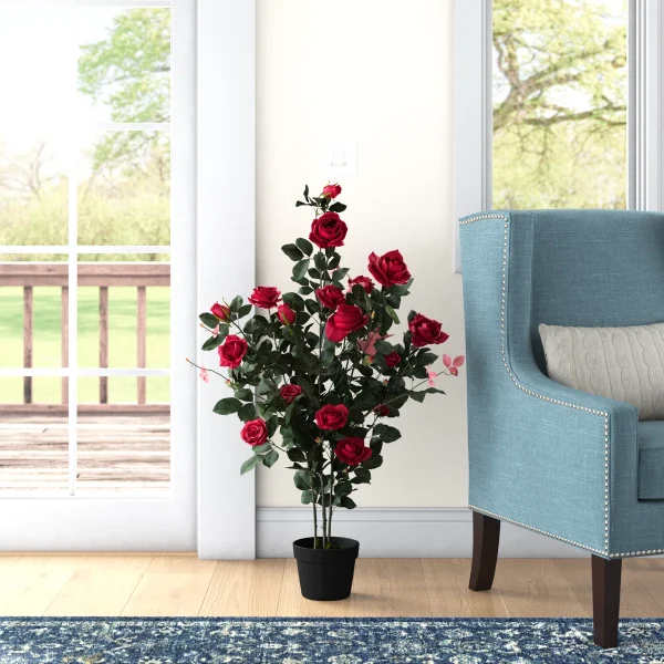45" Artificial Red Rose Plant in Pot - Image 2
